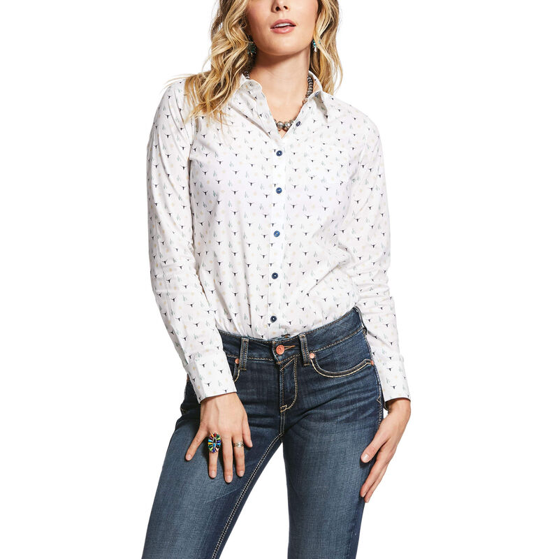 Ariat Western: Wrinkle Resist Kirby Stretch Camisa Mujer - Blancas / Multicolor (IJMZR7908)